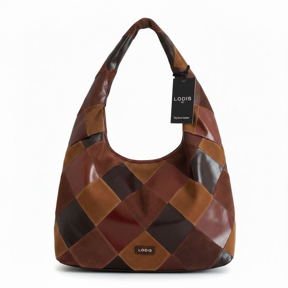 LODIS Brown Leather Suede Patchwork Crescent Hobo Bag Slouchy Boho Hippie NWT